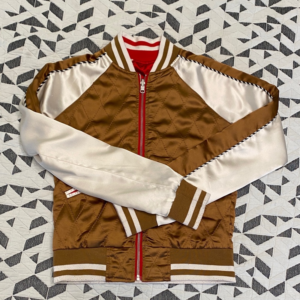 Brown and White Satin Bomber Jacket